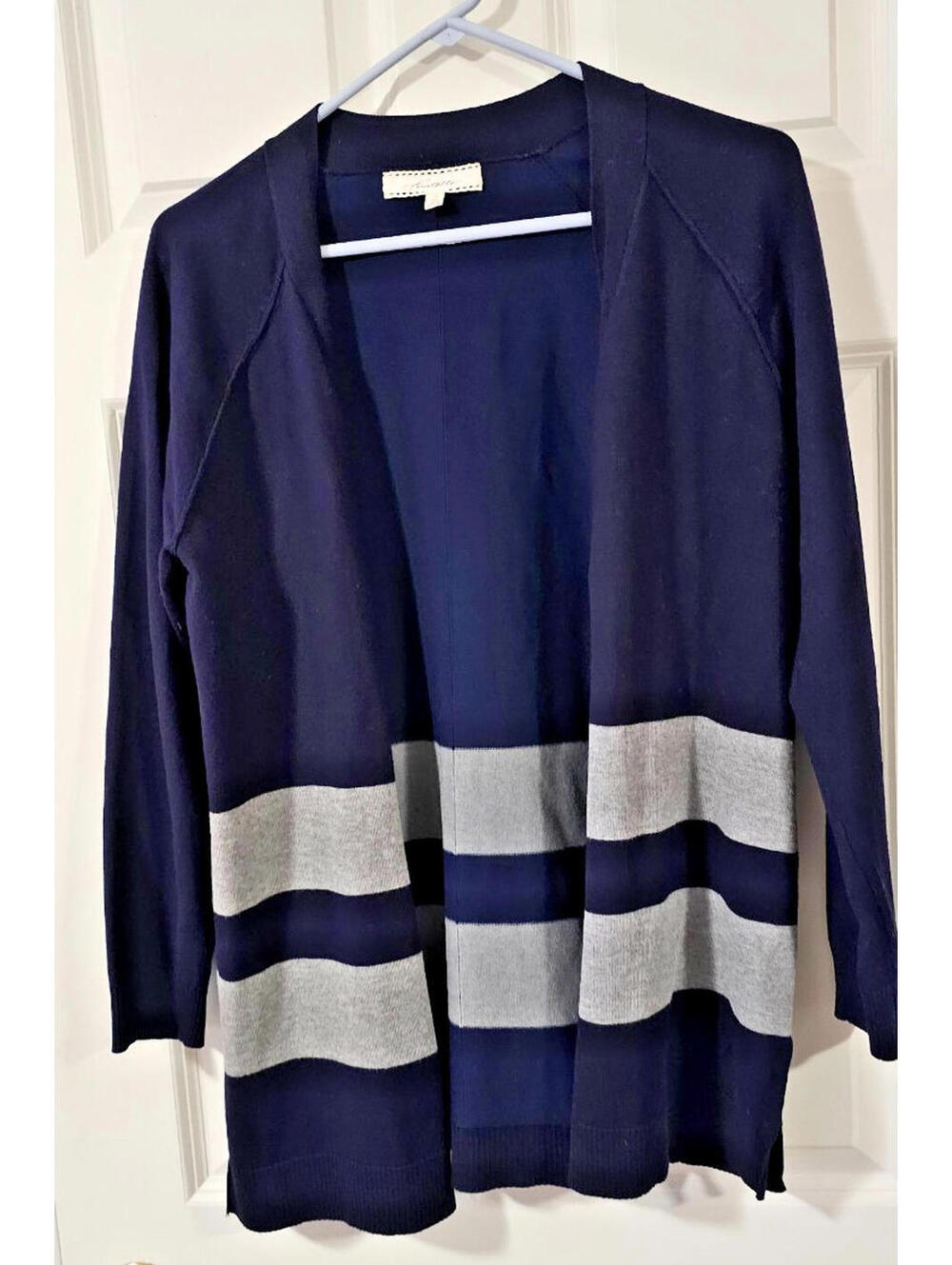 POINTELLE Striped Open Front Cardigan Sweater Women Navy Blue Long Sleeve L